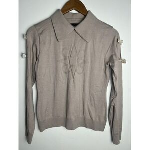 St Andrews Scotland Wm LG Knit Sweater Collared Bow Sleeve Taupe Grey Minimalist